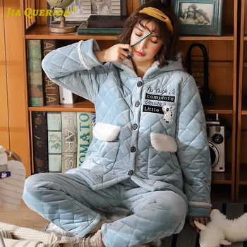 

Solid Pj Set New Long Sleeve Long Pants Hooded 3 Layers Cotton + Flannel Front Pocket Pijamas Woman Blue Top Woman Clothes