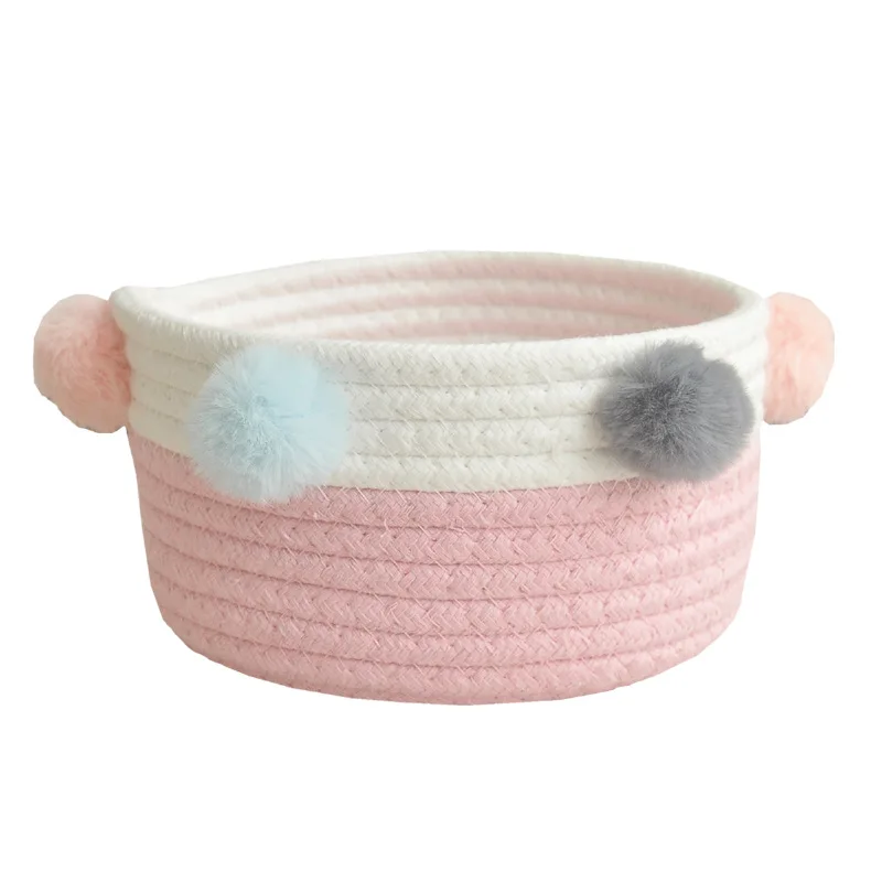 Нордическая хлопковая плетеная корзина для хранения грязной одежды корзина для белья с помпоном Настольный органайзер для мелочей - Цвет: White Pink