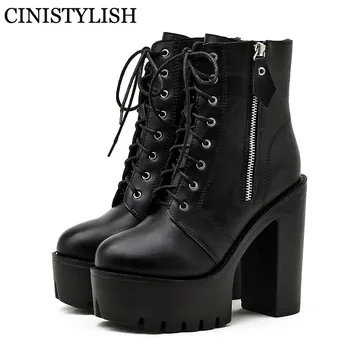 online Botas De Plataforma Para Mulheres Botas Femininas Pretas Rendas Até Couro Macio Zíper Lateral Do Plutônio Primavera Outono Salto Alto Tornozelo Botas Punk Goth