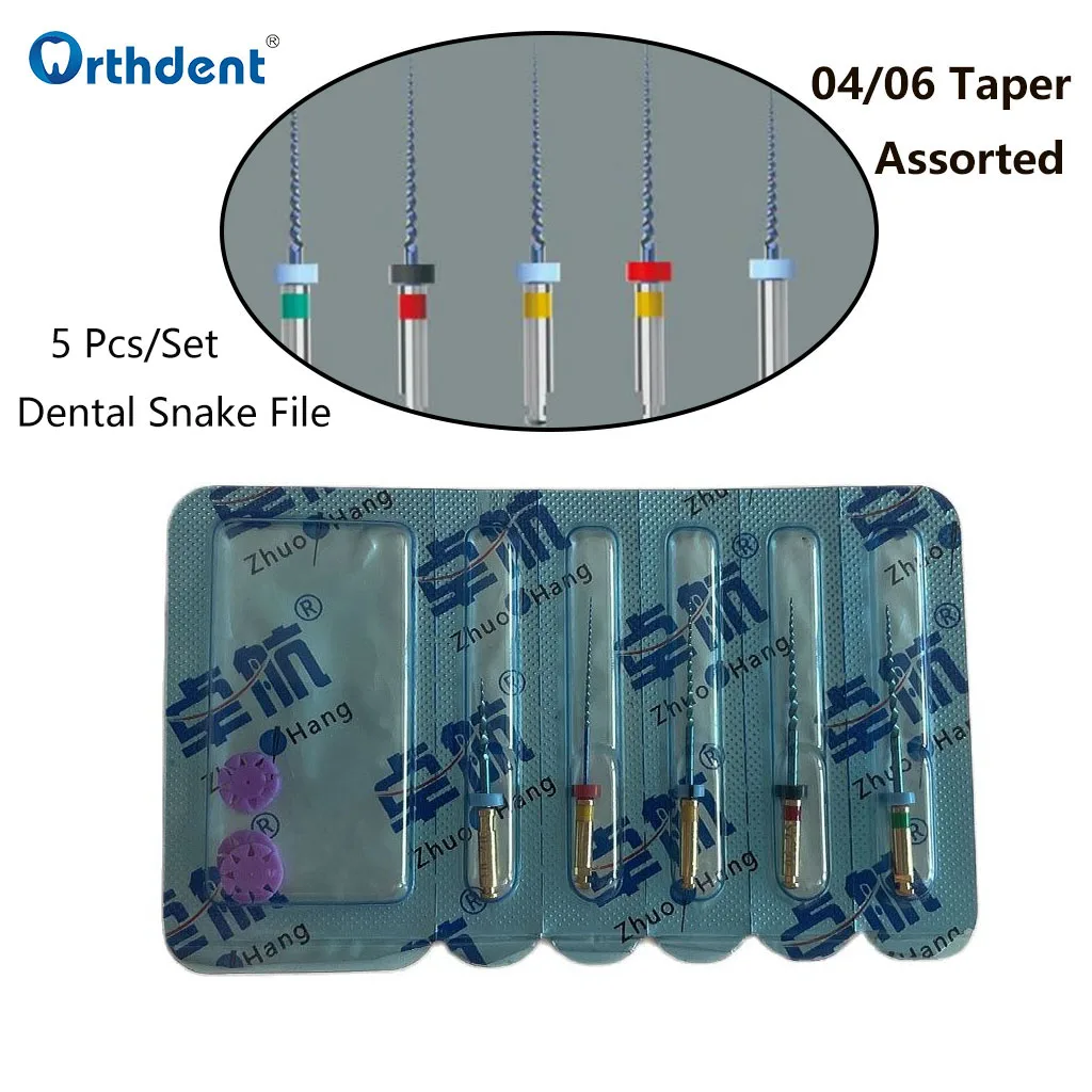 

Orthdent 5 Pcs/Set Dental Snake Root Canal File Endodontic Rotary NITI Files 04 06 Taper Assorted Dentistry Materials 21 25 Mm