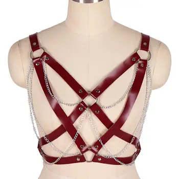 

Goth Chain Body Harness Belt Leather Strap Top Bondage Chest Hollow Out Adjust Sexy Lingerie Adjust Crop Tops Bra Party Rave