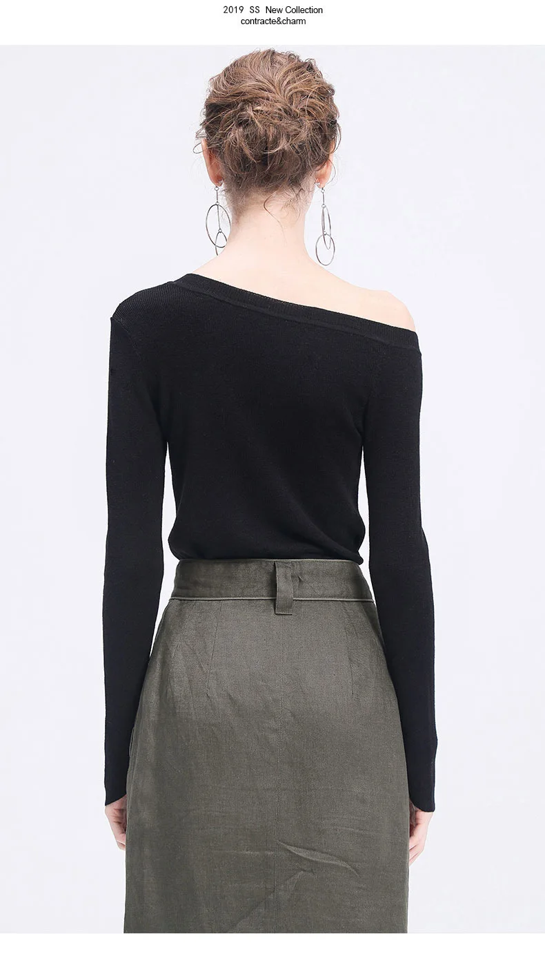 LZJN 2019 Women Sweater Long Sleeve Shirt Women Casual Office Top Sexy V-Neck Off Shoulder Pullover Sweater Loose Knit Jumper  (23)