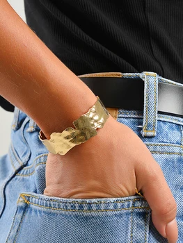 

LUNA CHIAO Trendy Fashion Jewelry Gold Color Hammered Metal Wide Cuff Bangle Bracelets for Women