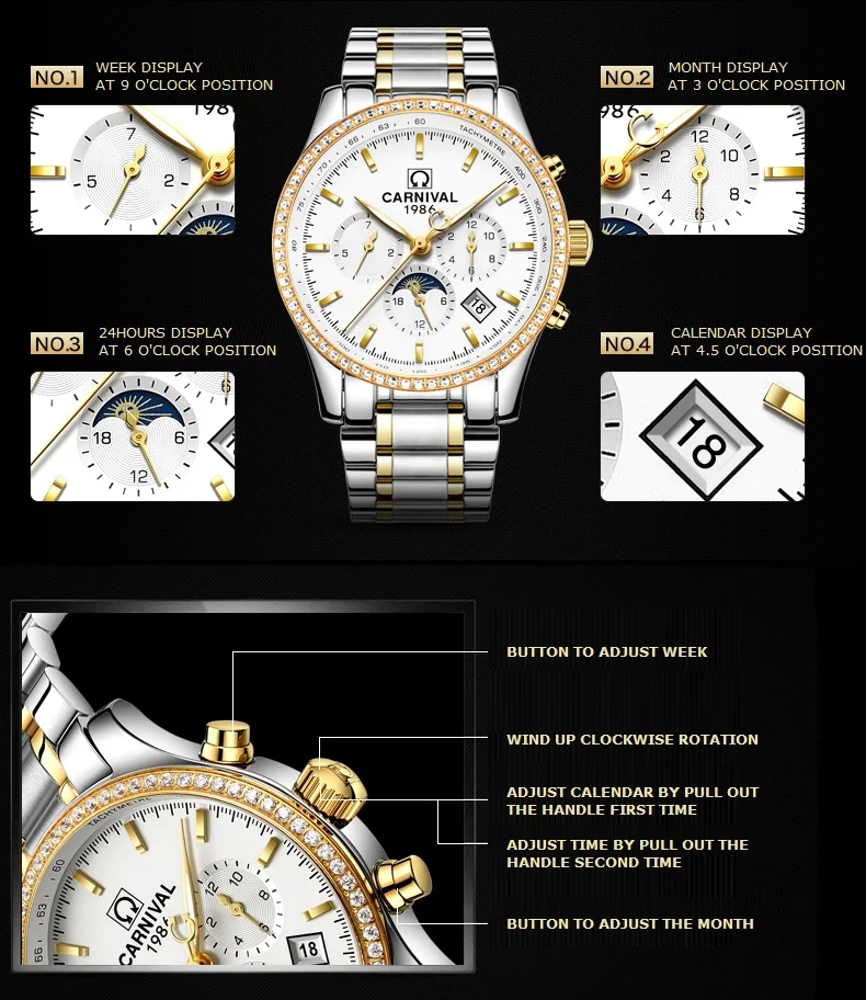 CARNIVAL Men's Watches Top brand luxury Multifunction Automatic Watch Men All steel Waterproof Mechanical Business Sport Watches