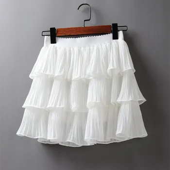 

Solid Color Summer Women Elasticity Waist Mini Skirt Ladies Chiffon Skirt Casual Cake Skirts Black White Femme Pleated Skirts