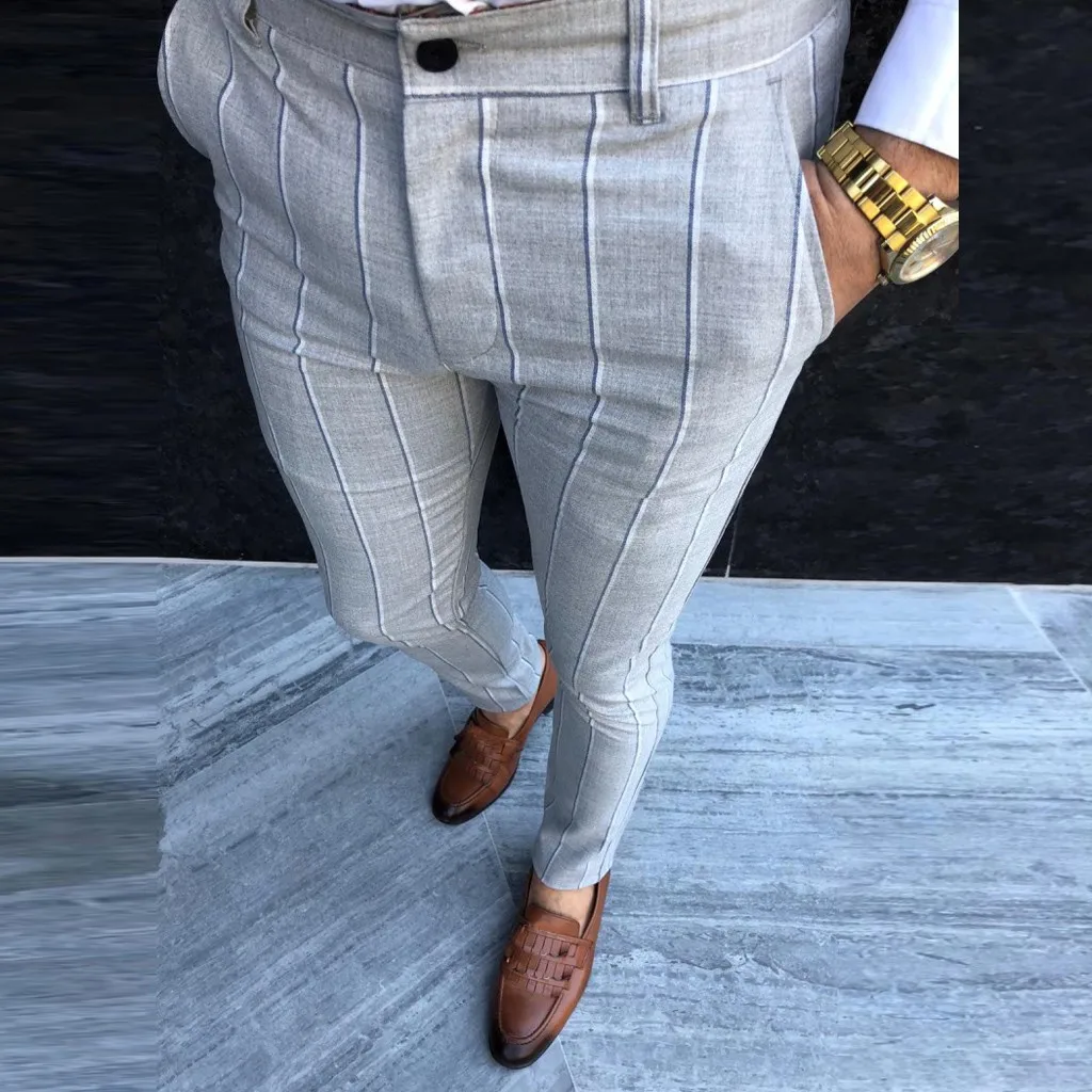 

Shujin Mens Casual Solid Color Grey Stripe Pants Business trousers Slim Fit Skinny Pants For Men Trousers Plaid Design
