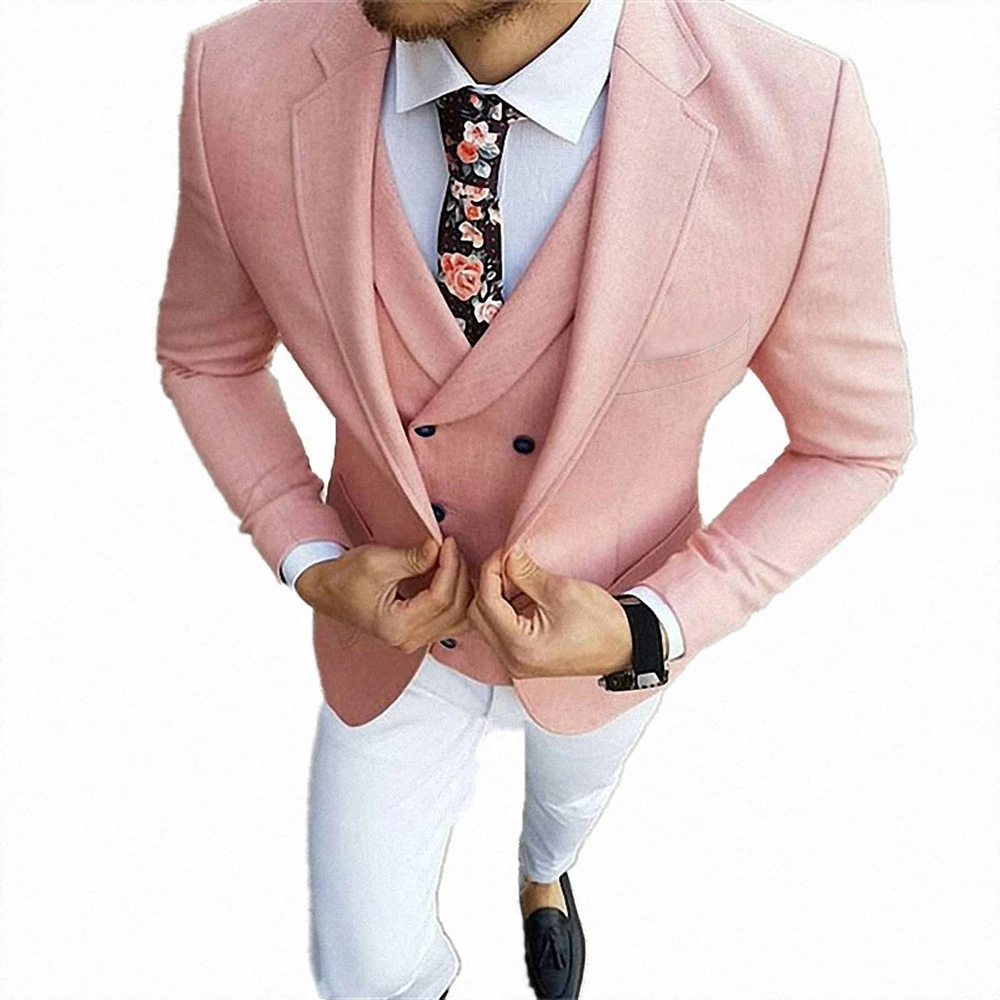 XZ57] elegante esmoquin rosa para hombres para graduación pantalones blancos trajes de conjunto de 3 piezas chaqueta Blazer de una sola hilera|Trajes| - AliExpress