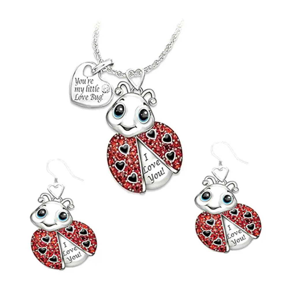 Animal Pendant Necklace Cute Ladybug Heart Shape Red Rhinestone Letter Fashion Dangle Girl Present Earrings Chain Jewelry Set | Украшения и