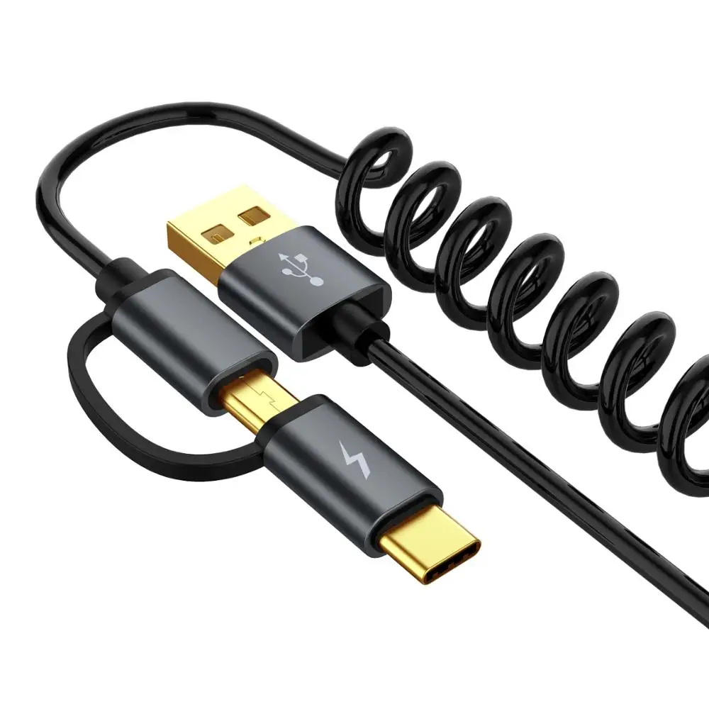 2 в 1 пружинный зарядный кабель USB C Micro USB шнур выдвижной USB-C Кабо для samsung Galaxy S9 быстрое зарядное устройство провод для Xiaomi Mi9