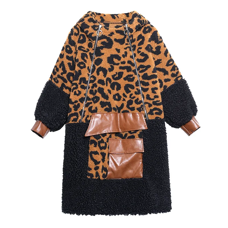 QING MO Leopard Print Sweatshirt Dress Women 2020