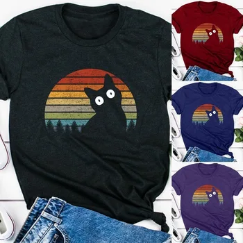 

Summer Sunrise Cute Kitten Short Sleeve Top Women OOTD Streetwear Cat T-shirt Graphic Tees Women