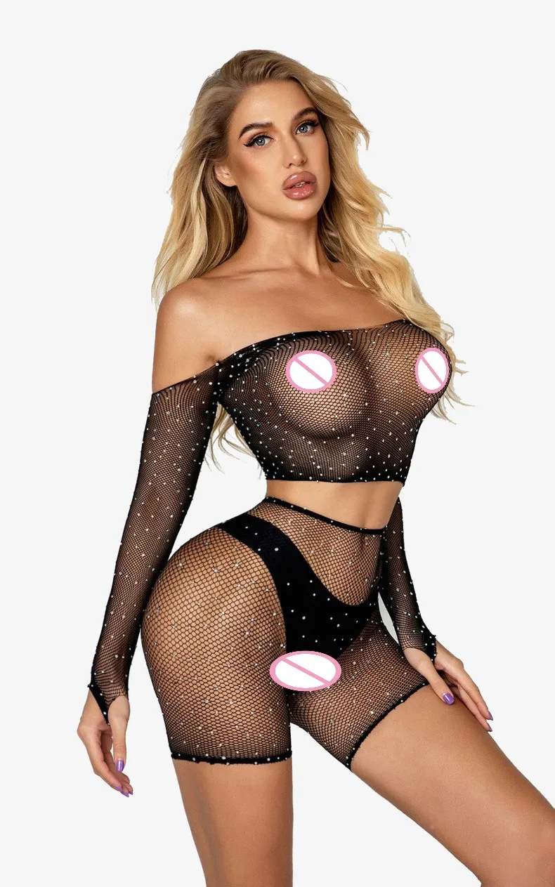 Women sexy fishnet long sleeve Rhinestone Bodysuit bodystocking 2pcs top panties suit lingerie clubwear