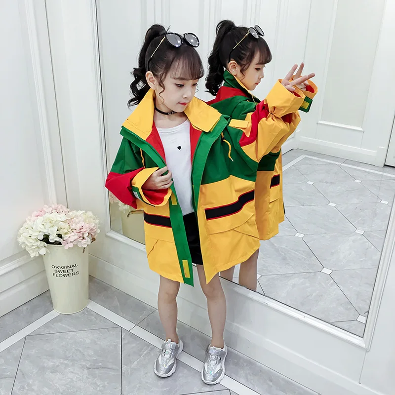 Новое весенне-осеннее пальто-ветровка для девочек модная верхняя одежда с капюшоном в стиле пэчворк для маленьких детей, пальто, куртка, одежда для детей от 3 до 12 лет - Цвет: Цвет: желтый