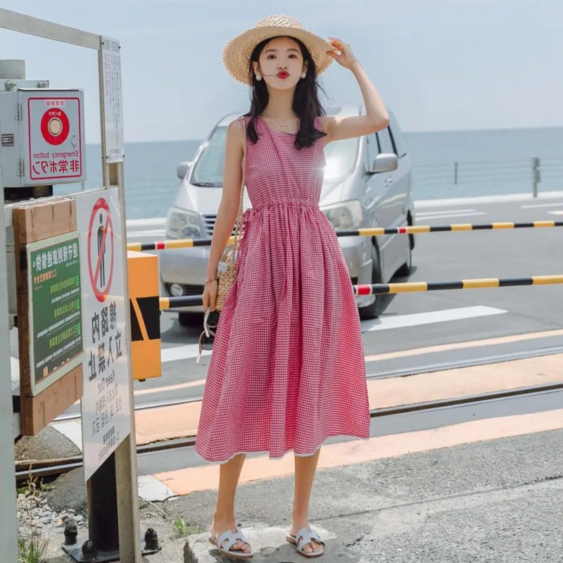 

Photo Shoot GIRL'S Heart CHIC Immortal Plaid Drawstring High-waisted Dress Artistic pphome Sleeveless Vest Skirt