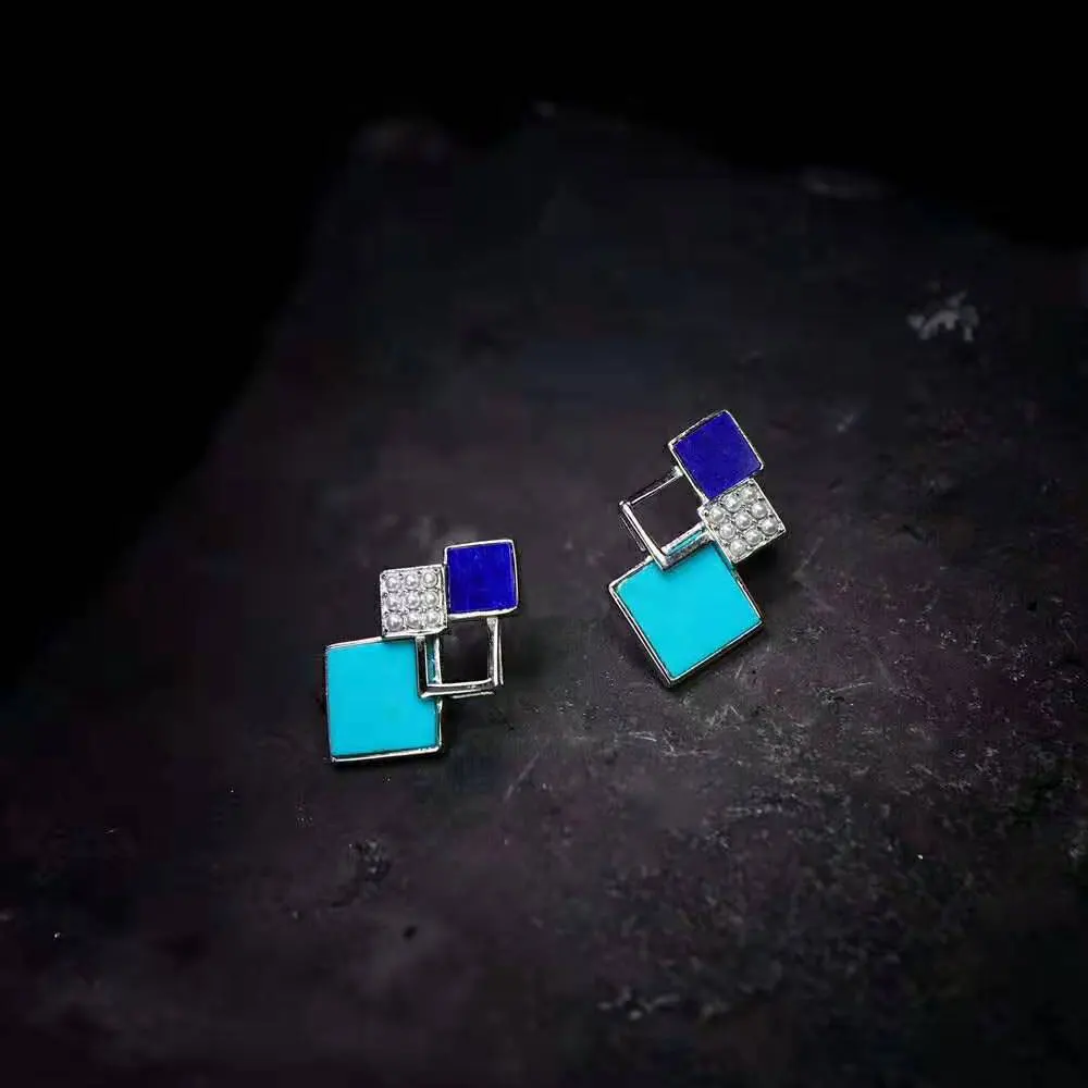 

RADHORSE Earring Genuine 925 Sterling Silver Woman High jewelry Square Turquoise vogue Modeling classic Style Earring