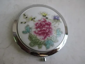 

Elaborado Antigua China Jingdezhen porcelana cobre cosméticos caja de peonía/caja de joyería con espejo pequeño.
