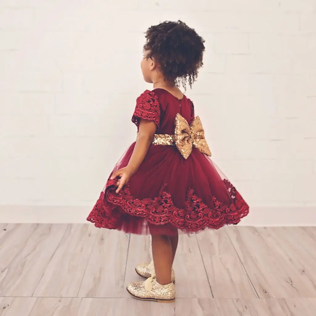 Hot Toddler Baby Lace Ball Gown Party Pageant Princess Dress Clothes Short Sleeve Lace Bow Tutu Formal Dresses Girl Dress 0-7Y