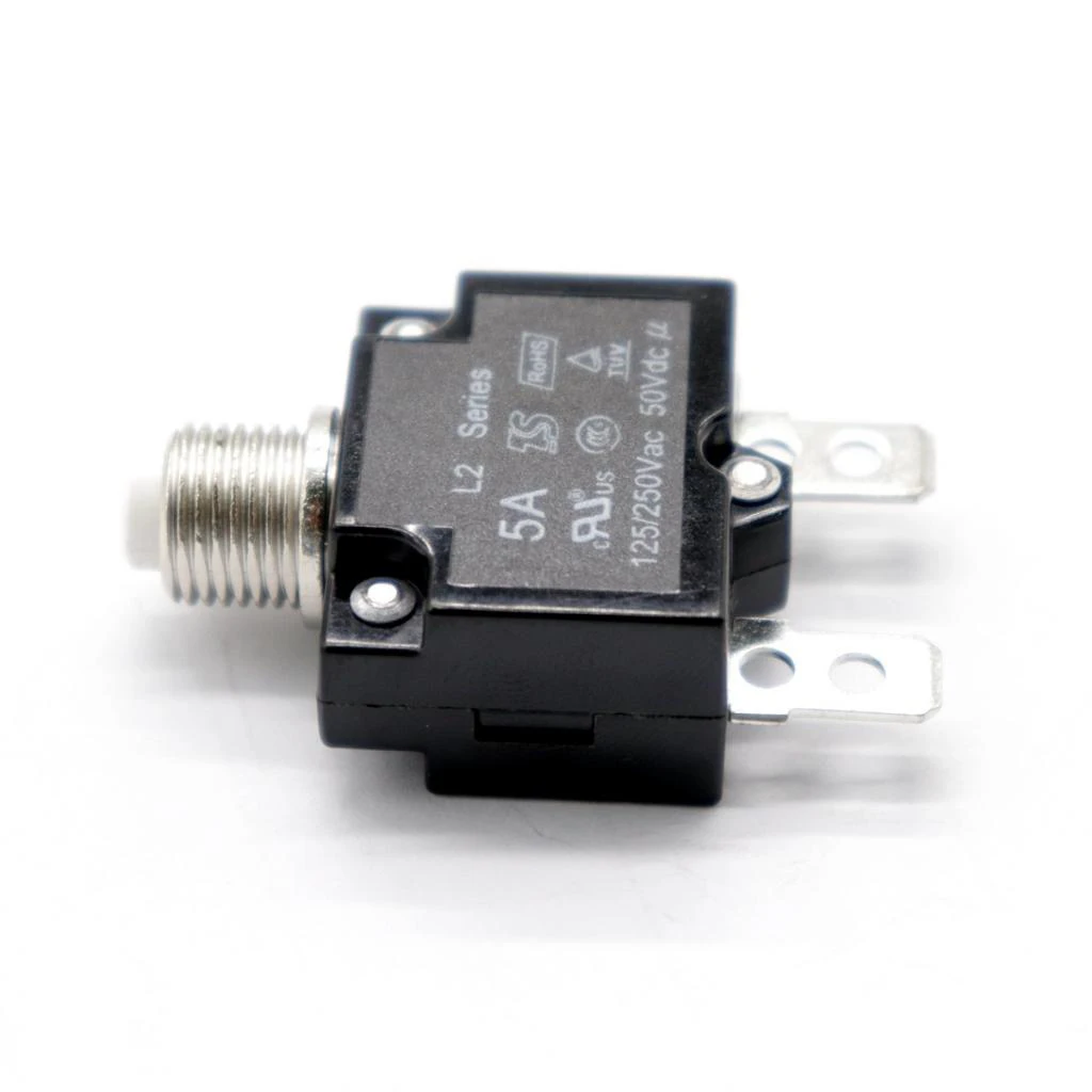 5 Amp Push Button Circuit Breaker 50V DC or 250V AC, Mounts in 3/8 inch (10 mm) Round Hole, Transparent Button Cap