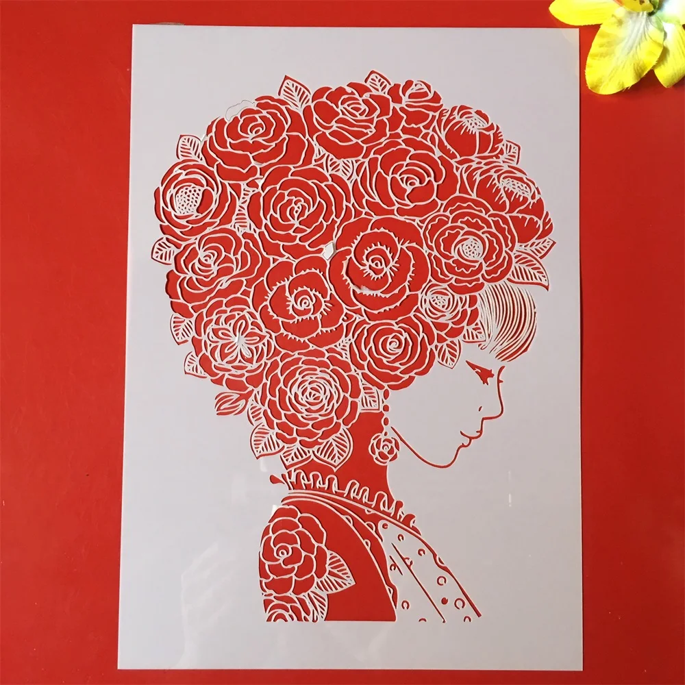 

1Pcs A4 29cm Beautiful Flower Hair Girl DIY Layering Stencils Painting Scrapbook Coloring Embossing Album Template