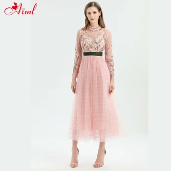 

Designer 2020 Summer Fashion Runway Elegant Formal Dress Female Long Sleeve Floral Embroidery Mesh Patchwork Party Gowns Dress