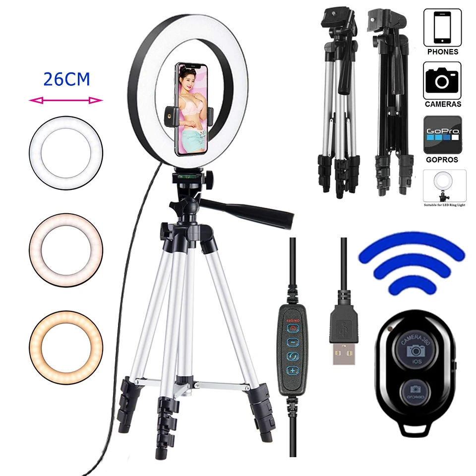 

10inch Photo Ringlight Led Selfie Ring Light Phone Tripod Holder Bluetooth Remote Lamp Photography Lighting Youtube Live