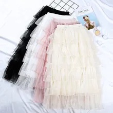 Элегантная юбка из тюля черного и розового цветов, новинка, для женщин, четыре сезона, милая многослойная длинная сетчатая юбка, высокая талия, женские юбки до середины икры