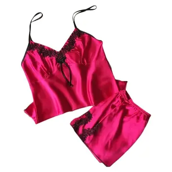 

Women Summer Imitation Silk 2Pcs Lingerie Set Floral Lace V-Neck Camisole Tops Side Split Relaxed Shorts Sexy Babydoll Nightwear