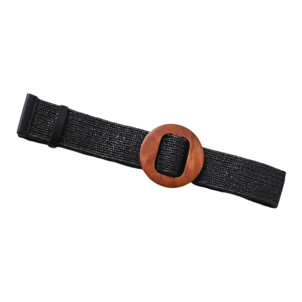 Women Braided Straw Waistband Cinch Belt with Round Wooden Buckle