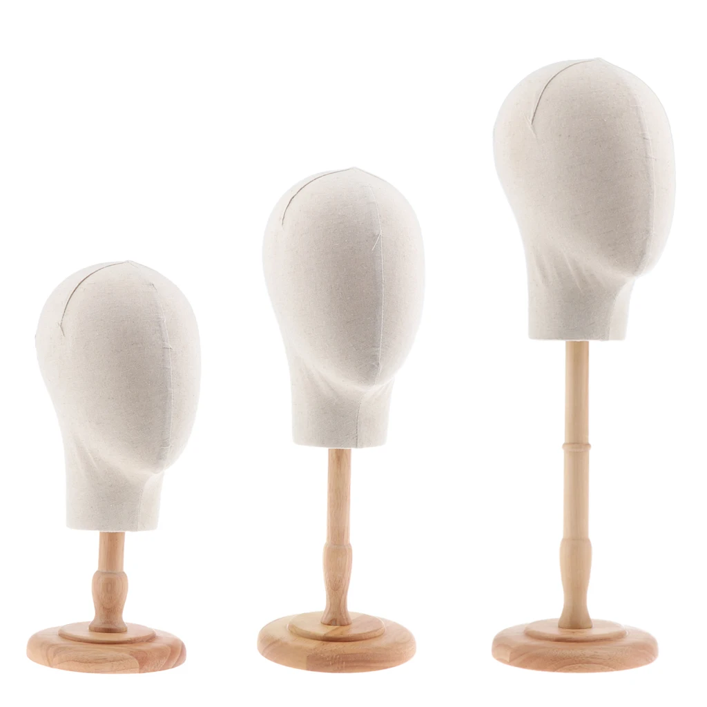 3pcs Hair Wigs Extension Making Hats Caps Display Fiberglass with Canvas Mannequin Head Model + Detachable Wood Stand