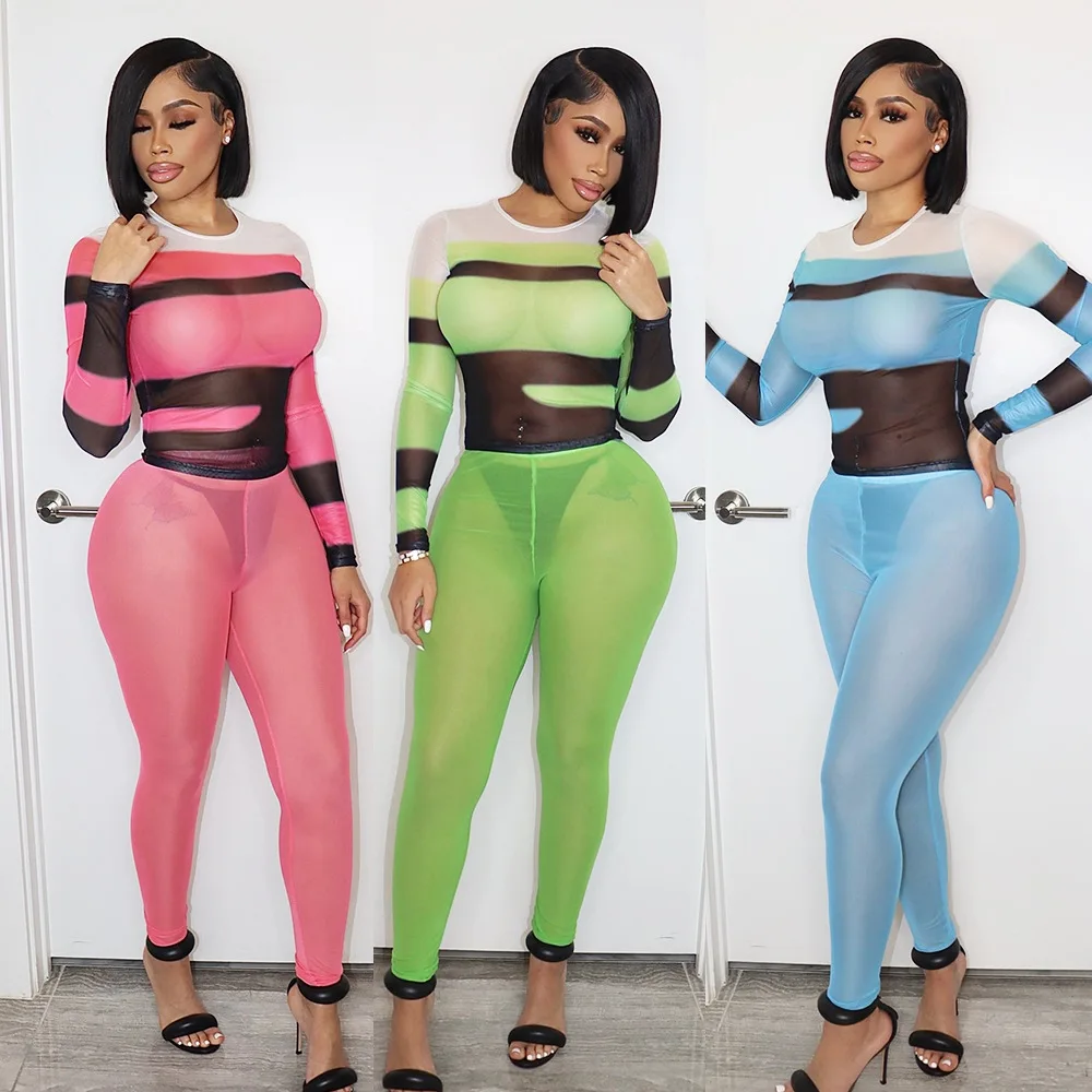 

Sexy Sheer Mesh Color Block Jumpsuit Women Patchwork Long Sleeve Leggings Body Club Party Rompers Overalls Outfits New Spring