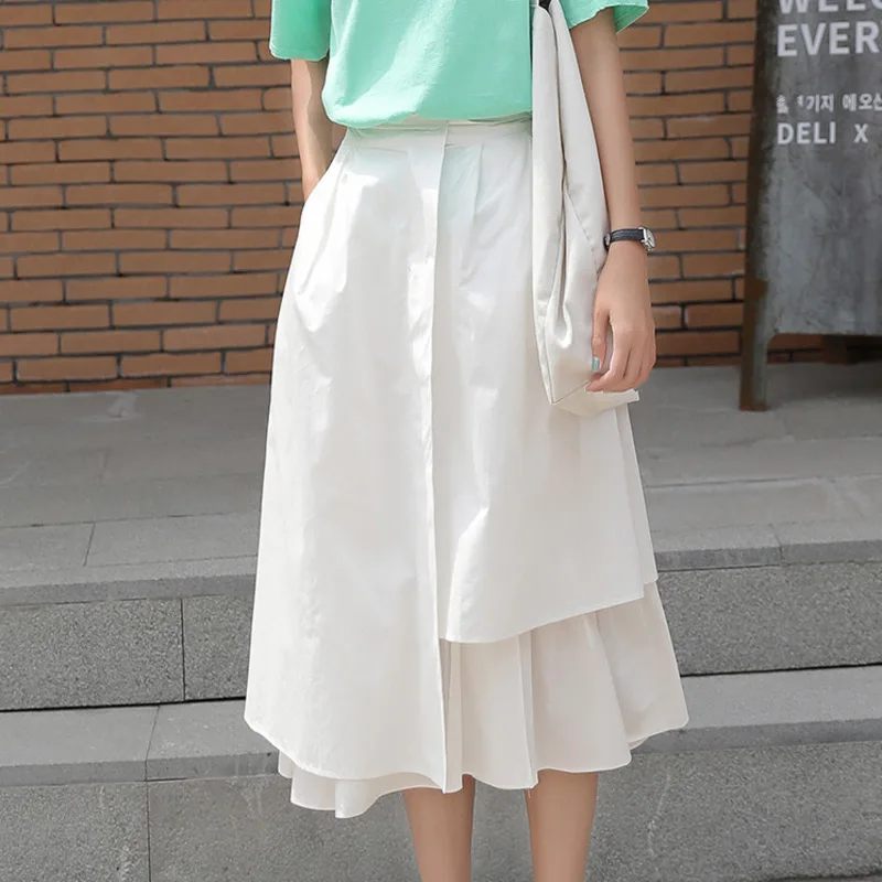 

LANMREM White High Waist Large Pocket Double Layer Irregular Woman A Word Skirt Casual Simple Fashion 2019 Autumn New TV591