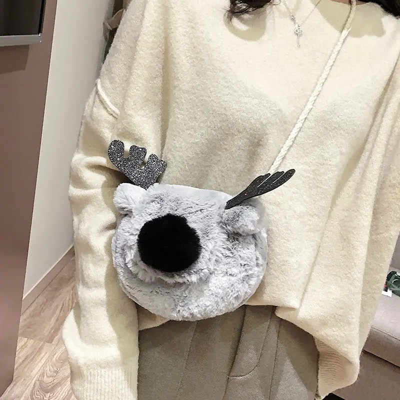Winter Plush Bag Ins Mini Shoulder Bag New Cute Furry Reindeer Small Square Bag Christmas Wild Single Shoulder Messenger Bag