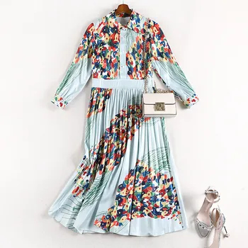 

2019 autumn women fashion runway pleated long sleeve dress turn down collar plus size floral printed dress 4xl 5xl y502