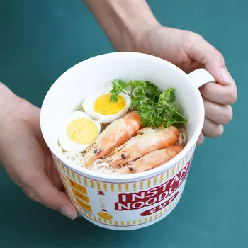 

Instant Noodle Bowl Ceramic Bowls with Cover Creative Oatmeal Cups with Handle Japanese Ramen Noodle Bowl Kitchen Accessories