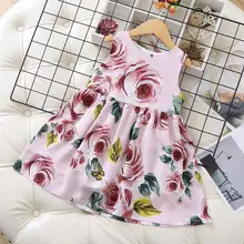 Летнее короткое платье-пачка с розовой розой для девочек; платье без рукавов с цветочным принтом для маленьких девочек; детское платье;