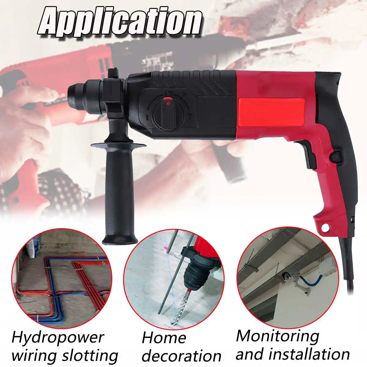 Drillpro 650W 220V 24mm 3 Function Electric Rotary Hammer Electrodrill Household Cordless Power Electric Impact Drill Pick 2 Bit