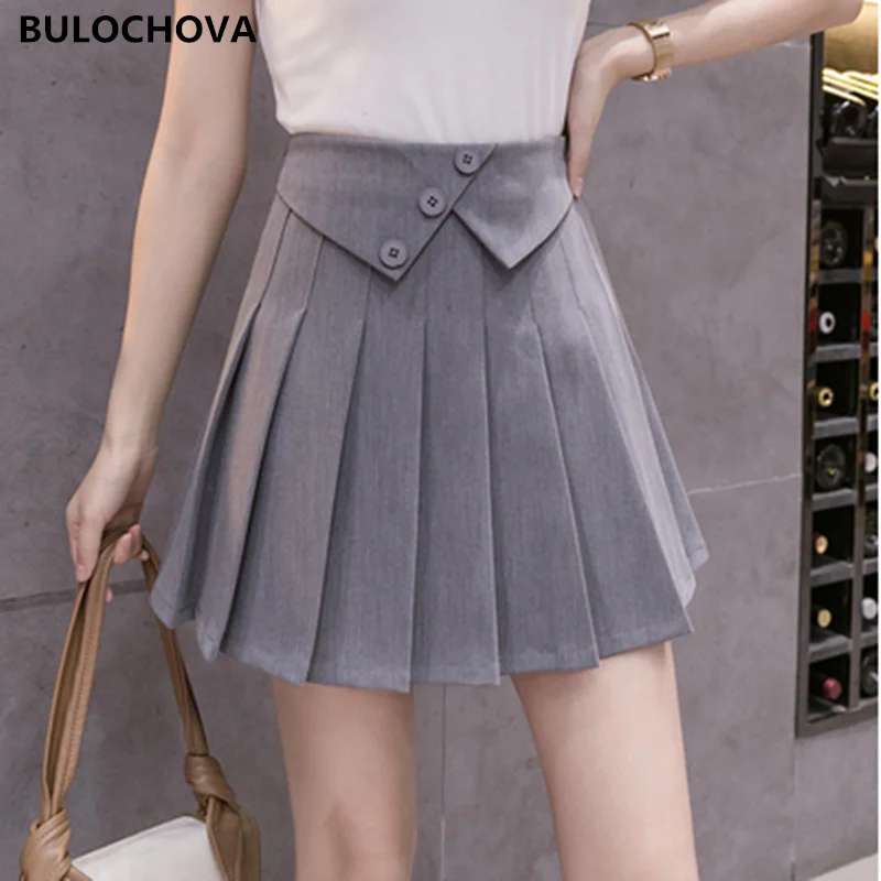 

BULOCHOVA Women Fashion Casual Slim Pleated Short Skirt 2021 Newest Summer Students High Waist A Line Mini Skirts Large Size XL