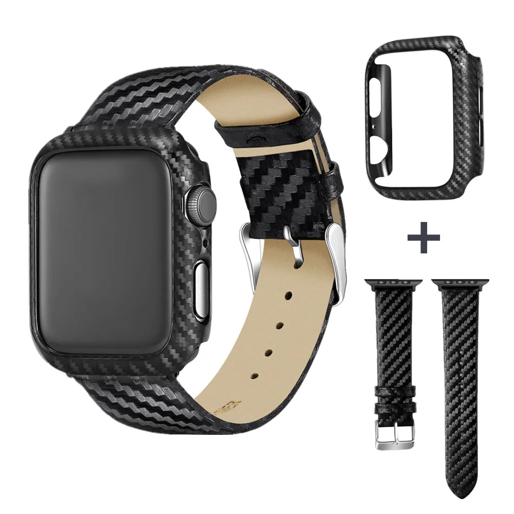 Черный ремешок и чехол из углеродного волокна для Apple Watch Band Series SE 6 5 4 3