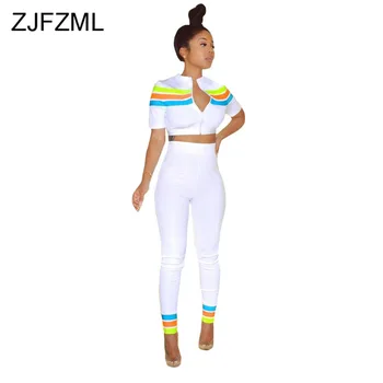 

Neon Striped Patchwork Fashion 2 Piece Female Tracksuit Stand Collar Short Sleeve Zipper Crop Tops And High Waist Slim Fit Pants