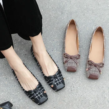 

EshtonShero Women Flats Square Toe Leather Woman Flat Heel Loafers Female Shoes Slip On Patchwork Elegant Women's Shoes Size 3-8