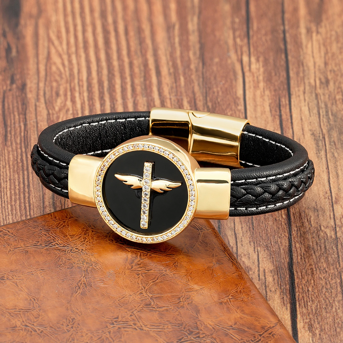 Bracelet Jewelry Jesus Charm Cubic Zirconia Men Bracelet Round Natural Stone Black Leather Bracelets Bangles For Women