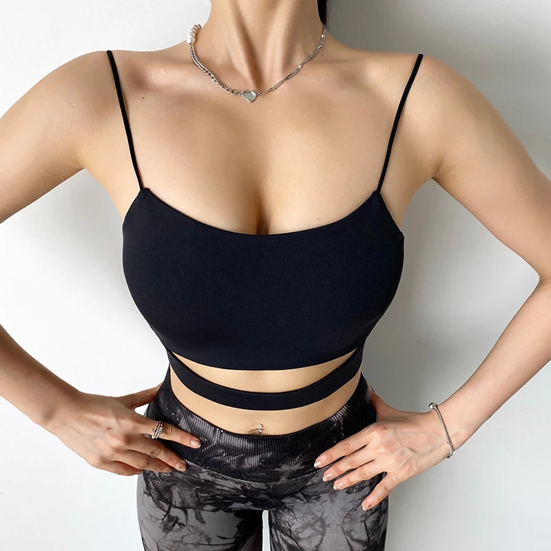 

New Front Hollow Hem Women Sports Bra Sexy Back Yoga Top Women Thin shoulder strap Gym Fitness Bra Running Underwear