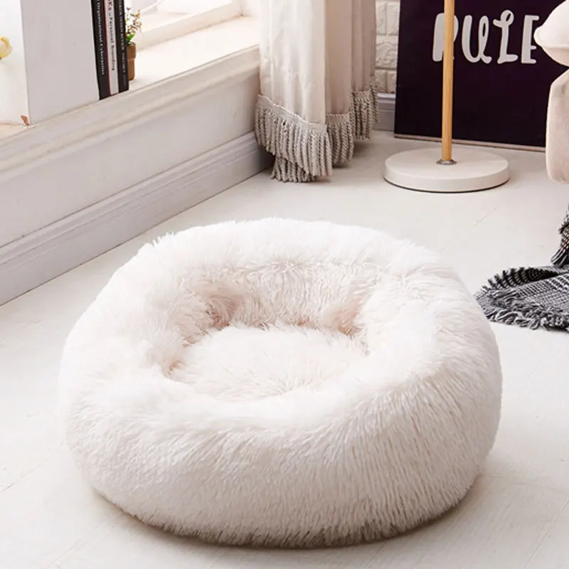 Мягкая Плюшевая круглая кровать для собаки, коврик для питомца, моющийся, плюшевый, глубокий сон, кошачий домик, нескользящий, супер мягкий PV бархатный диван, зимний теплый матрас для питомца - Цвет: White