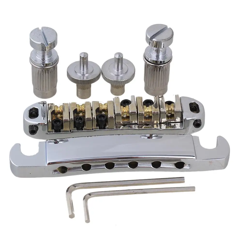 Yibuy Brass Roller Saddle Tune-O-Matic Guitar Bridge &amp Tailpiece Set Chrome | Спорт и развлечения