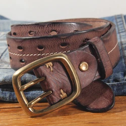 Vintage Men's 3.8cm Wide Double Breasted Belt 100% Cowhide Double Prong Buckle Handmade Heavy Duty Belt Fashion Jeans Belt Brown