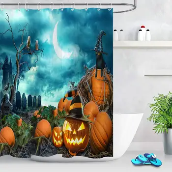 

Halloween Horror Night Stall Shower Curtain Pumpkin Lantern in The Graveyard Bathroom Curtain Kids Children Home Decorative