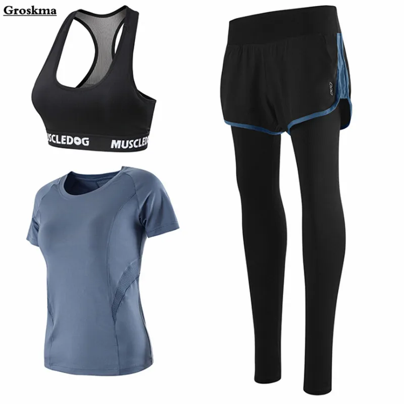 

High waist pants+bra+mesh t shirt women sports running 3 piece set quick dry yoga fitness gym 2 suits workout clothing sets