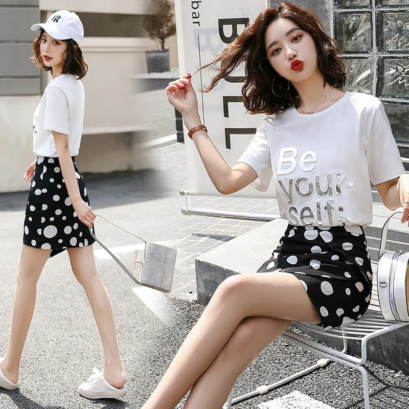 

Polka Dot Dress Outfit 2020 Summer New Style Trendy Letters Short Sleeve Irregular Skirt Two-Piece Suit Skirt