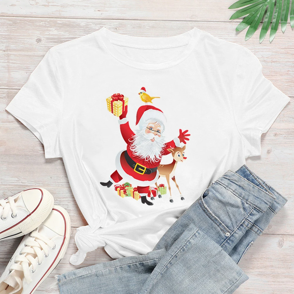 

Showtly Christmas Series Women T-shirt Santa Claus Print Aesthetic Short sleeve Tops Gorgeous Loose O-neck Plus Size Tshirt