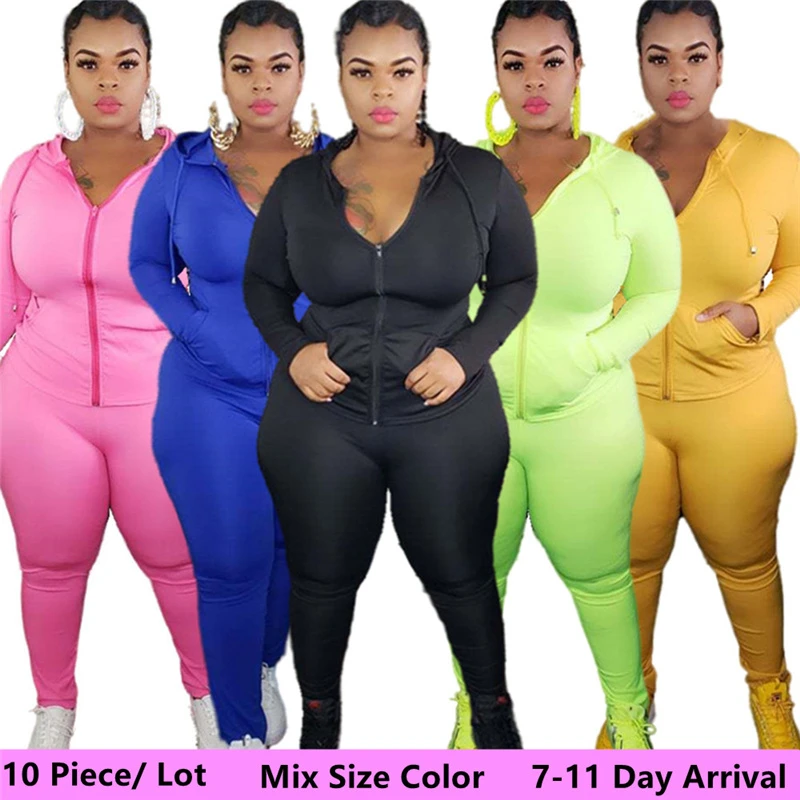 Chándal de dos para mujer, ropa deportiva de talla grande con cremallera, XL 5XL, al por mayor|Trajes de pantalón| AliExpress